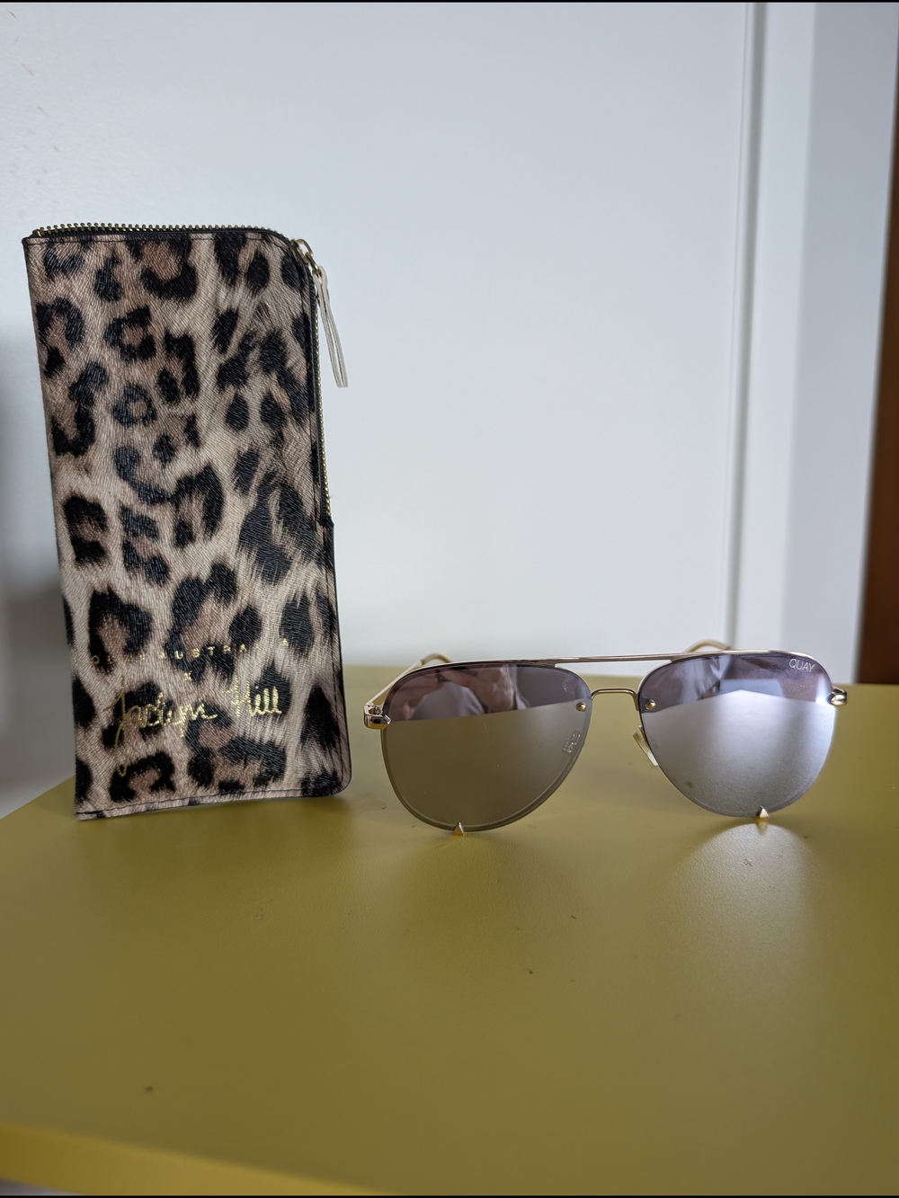 Quay Australia x Jaclyn Hill Gold Mirrored Aviator Sunglasses with Leopard Case